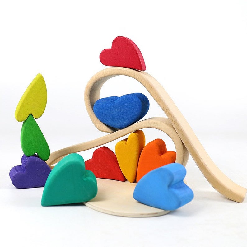 10 Pcs STAINED Rainbow Heart-shaped Wooden Stacking Puzzle Blocks | toys | The Baby Penguin