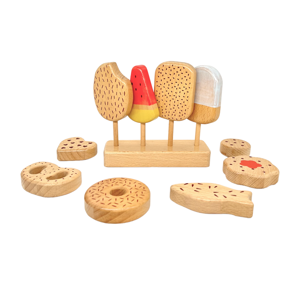 10 Pcs Wooden Popsicle Ice Cream Bar and Pastry Cookies Pretend Play Set |  | The Baby Penguin