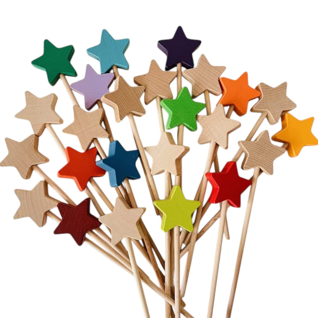 12 PCS Wooden Star Wand Set in Rainbow and Natural Colors |  | The Baby Penguin