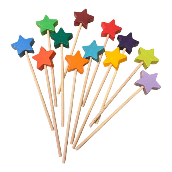12 PCS Wooden Star Wand Set in Rainbow and Natural Colors |  | The Baby Penguin