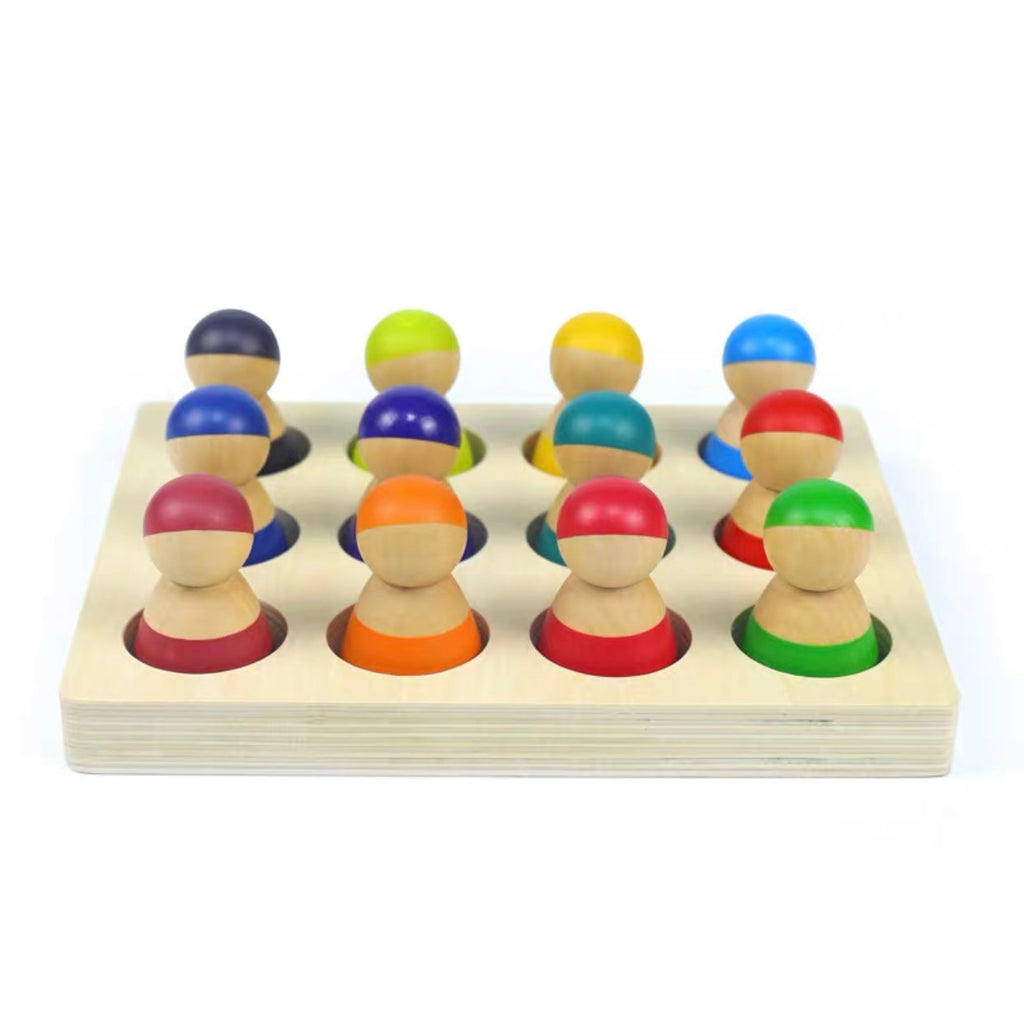 12 Pcs Rainbow Peg Doll People with Tray in Primary Colors |  | The Baby Penguin