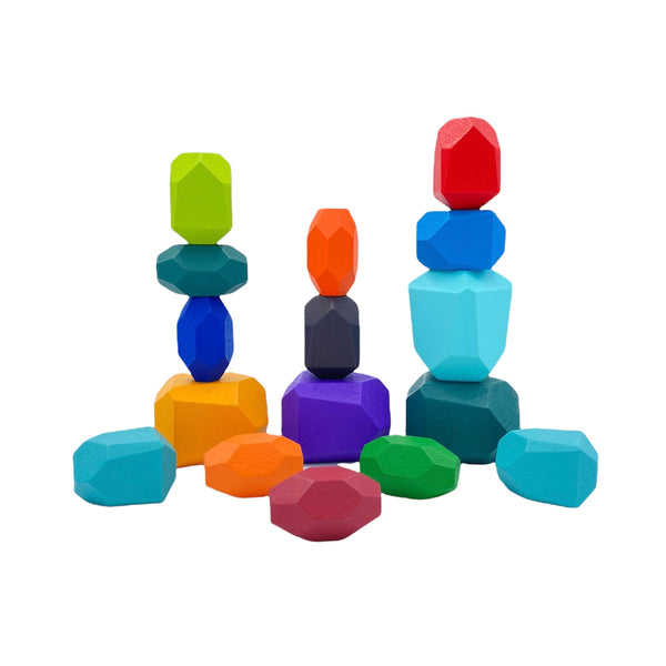 16 Pcs Wooden Stone Balancing Stacking Blocks in Primary Colors | toys | The Baby Penguin
