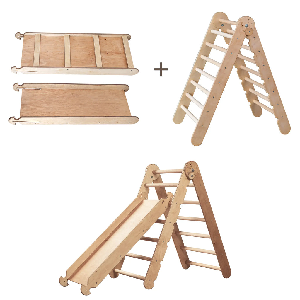 2in1 Montessori Climbing Set: Triangle Ladder + Slide Board/Ramp  Beige Goodevas