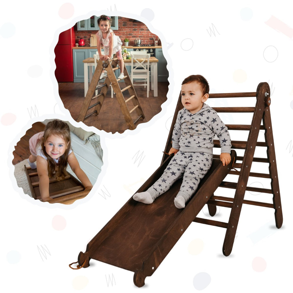 2in1 Montessori Climbing Frame Set: Triangle Ladder + Slide Board/Ramp – Chocolate | 2in1 Playsets | The Baby Penguin