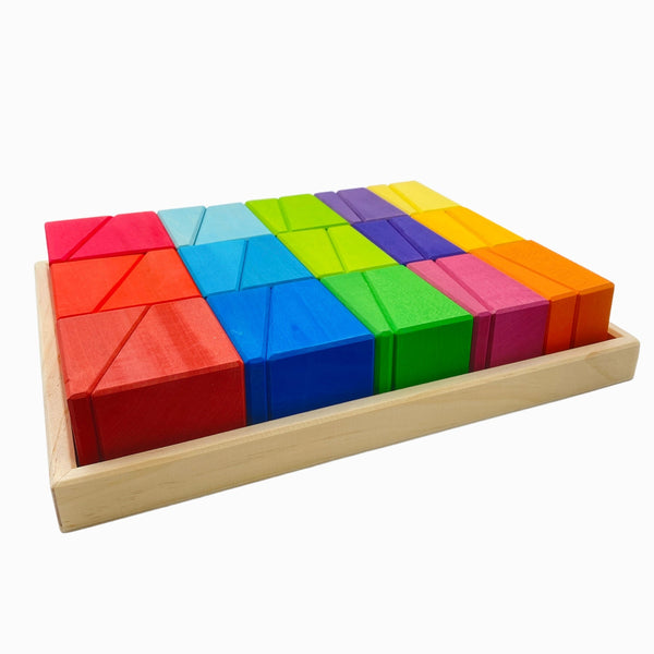 30 Pcs STAINED Wooden Sloping Blocks in Primary Rainbow Colors with Storage Tray |  | The Baby Penguin