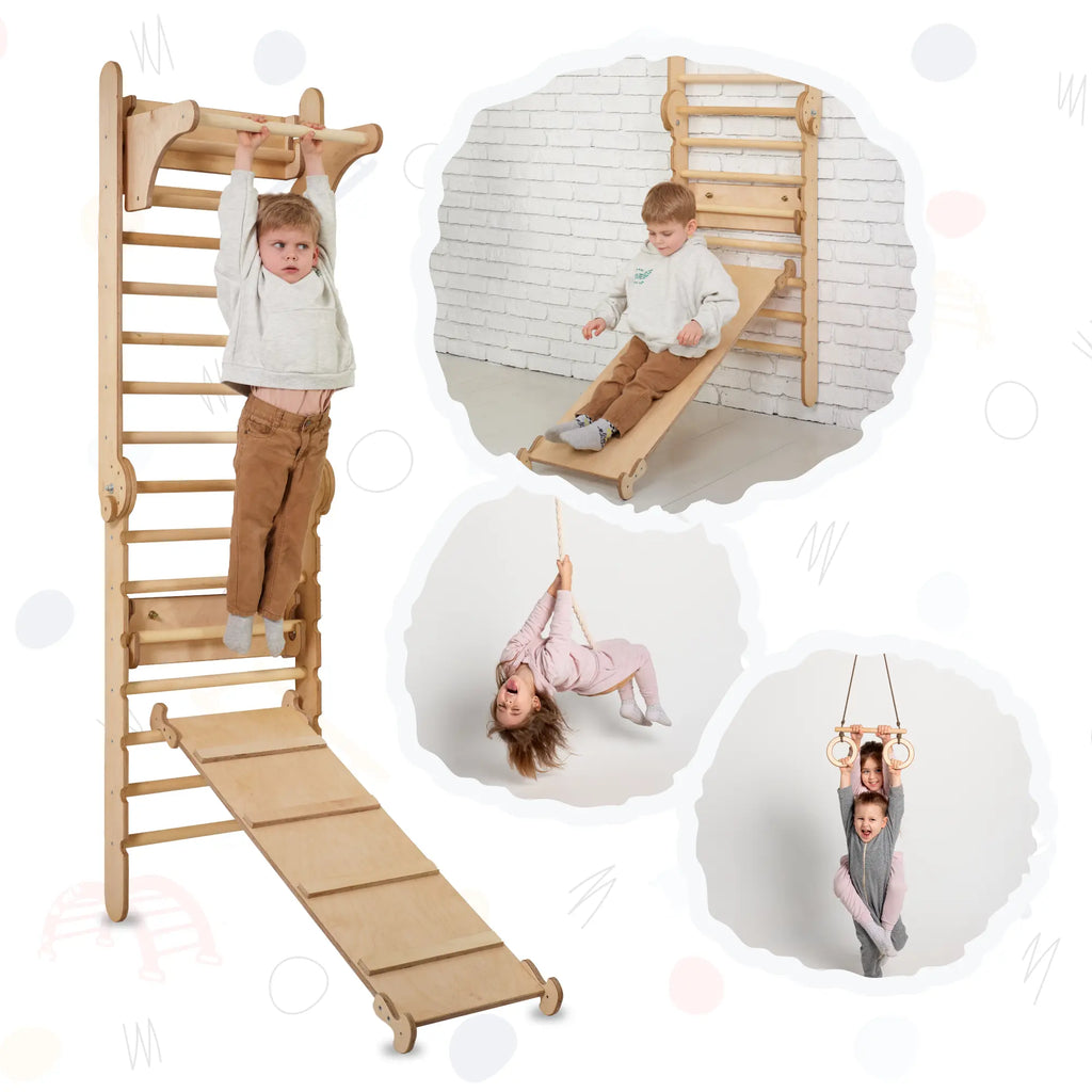 3in1: Wooden Swedish Wall / Climbing ladder for Children + Swing Set + Slide Board | Swesdish wall | The Baby Penguin
