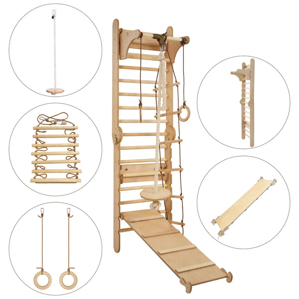 3in1: Wooden Swedish Wall / Climbing ladder for Children + Swing Set + Slide Board | Swesdish wall | The Baby Penguin