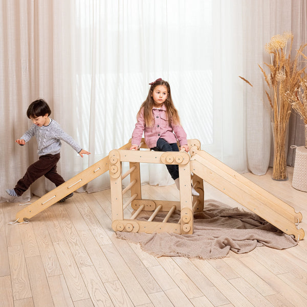3in1 Montessori Climbing Frame Set: Snake Ladder + Slide Board/Ramp + Net  Beige Goodevas