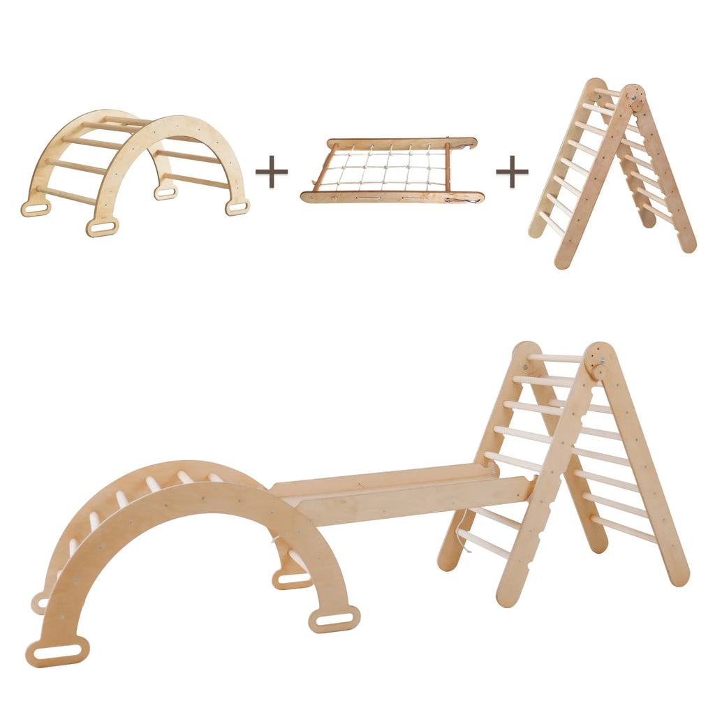 3in1 Montessori Climbing Frame Set: Triangle Ladder + Arch/Rocker Balance + Net  Beige Goodevas