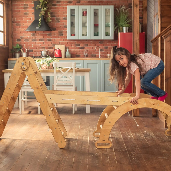 3in1 Montessori Climbing Frame Set: Triangle Ladder + Arch/Rocker Balance + Net  Beige Goodevas
