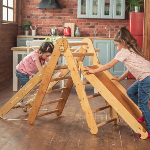 3in1 Montessori Climbing Frame Set: Triangle Ladder + Net + Slide Board/Ramp - Beige Goodevas