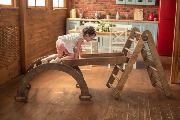 3in1 Montessori Climbing Set: Triangle Ladder + Arch/Rocker Balance + Slide Board  Chocolate Goodevas