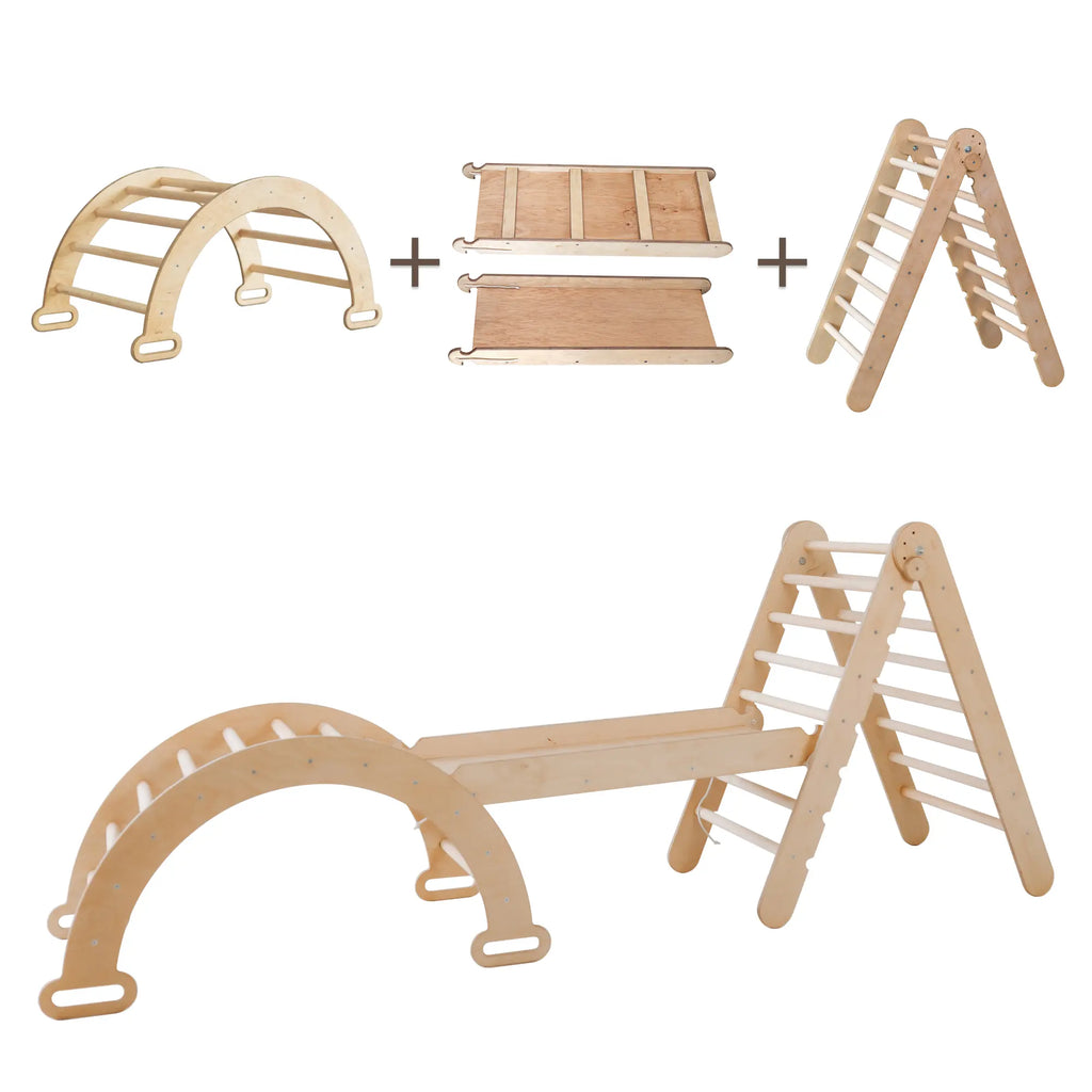 3in1 Montessori Climbing Set: Triangle Ladder + Wooden Arch + Slide Board  Beige Goodevas