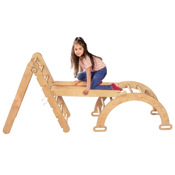 3in1 Montessori Climbing Set: Triangle Ladder + Wooden Arch + Slide Board  Beige Goodevas