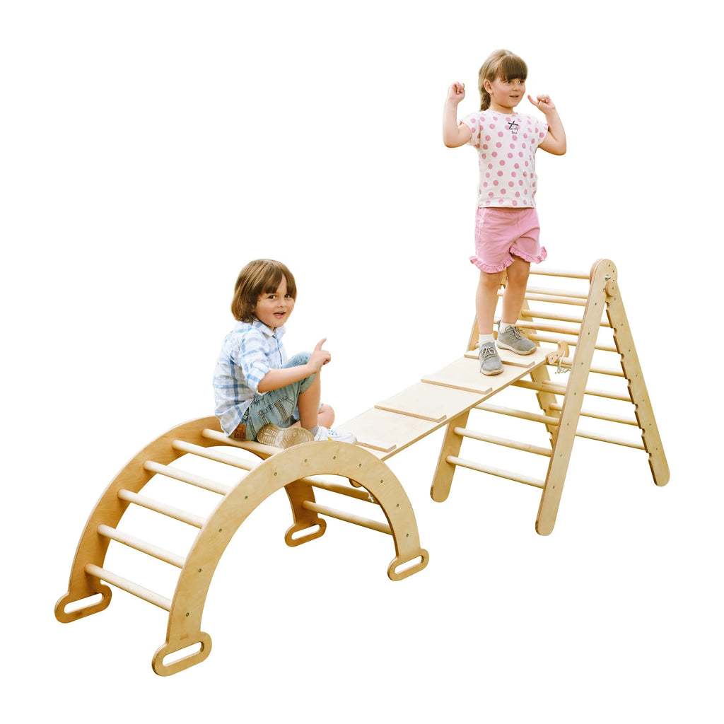 3in1 Montessori Climbing Set: Triangle Ladder + Wooden Arch + Slide Board  Beige NEW Goodevas