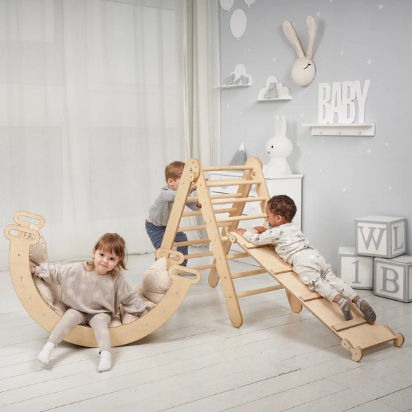 3in1 Montessori Climbing Set: Triangle Ladder + Wooden Arch + Slide Board  Beige NEW Goodevas