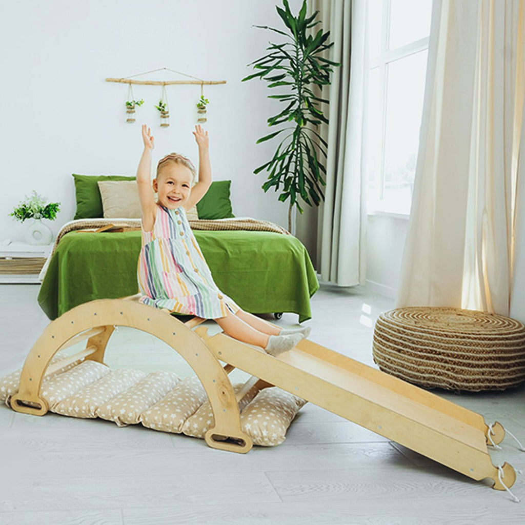 3in1 Montessori Climbing Set: Climbing Arch + Slide Board + Cushion - Beige - The Baby Penguin