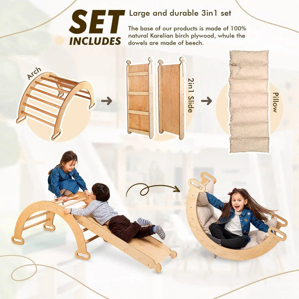 3in1 Montessori Climbing Set: Climbing Arch + Slide Board + Cushion - Beige - The Baby Penguin