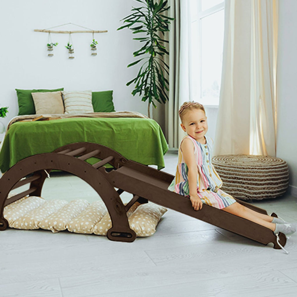 3in1 Montessori Climbing Set: Climbing Arch + Slide Board + Cushion – Chocolate - The Baby Penguin