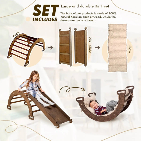 3in1 Montessori Climbing Set: Climbing Arch + Slide Board + Cushion – Chocolate - The Baby Penguin