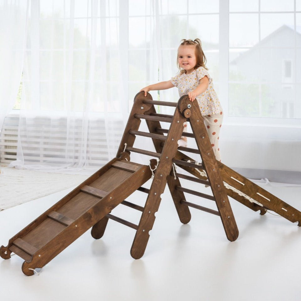 3in1 Montessori Climbing Set: Triangle Ladder + Slide Board + Net – Chocolate - The Baby Penguin