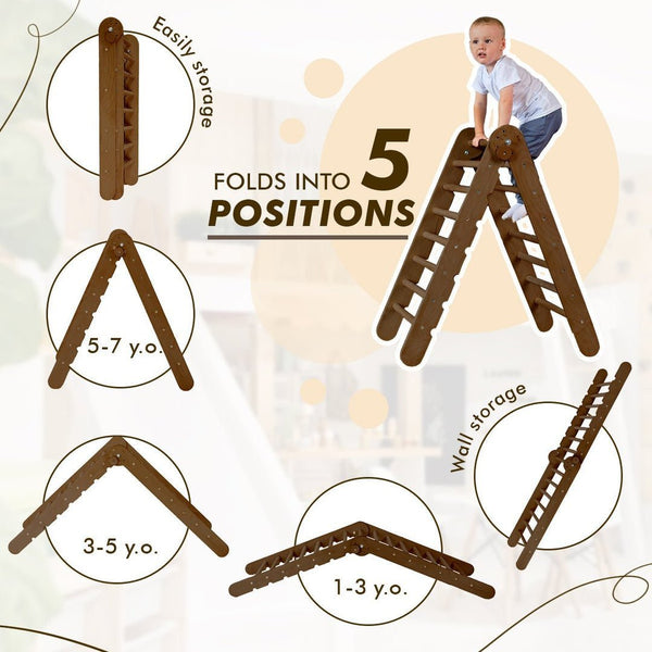 3in1 Montessori Climbing Set: Triangle Ladder + Slide Board + Net – Chocolate - The Baby Penguin