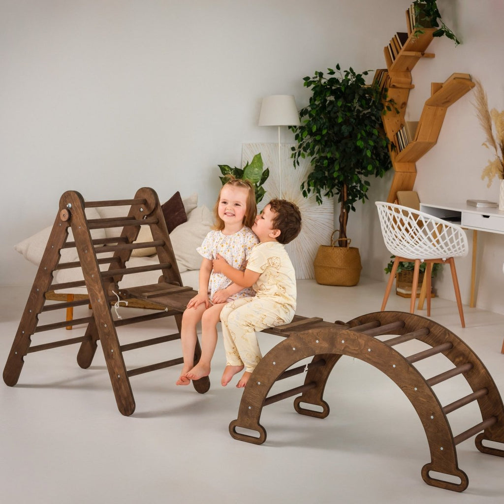 3in1 Montessori Climbing Set: Triangle Ladder + Wooden Arch + Slide Board – Chocolate NEW | 3in1 Playsets | The Baby Penguin