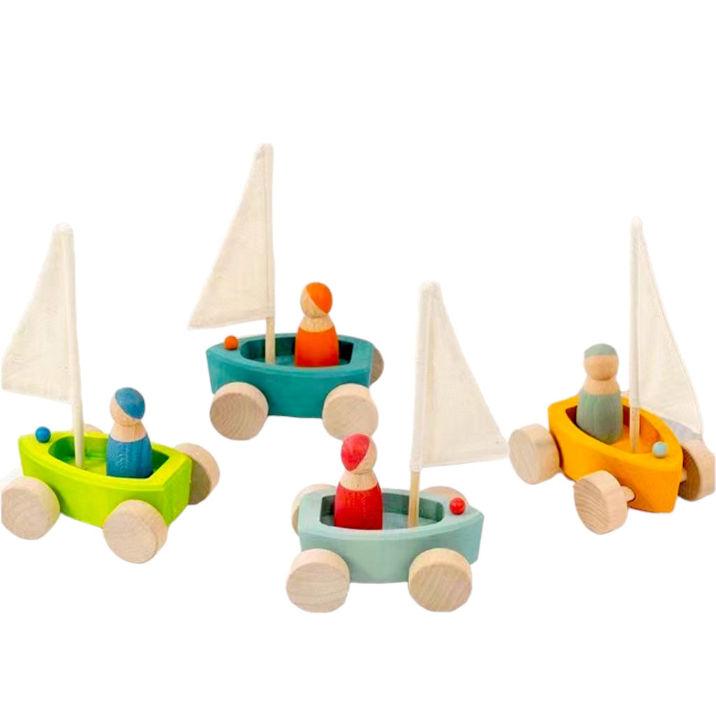 4 Pcs STAINED Wooden Land Yachts Set with 4 Pcs Peg dolls |  | The Baby Penguin