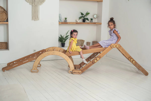 4in1 Montessori Climbing Frame Set: Snake Ladder + Arch/Rocker + Slide/Ramp + Net  Beige Goodevas