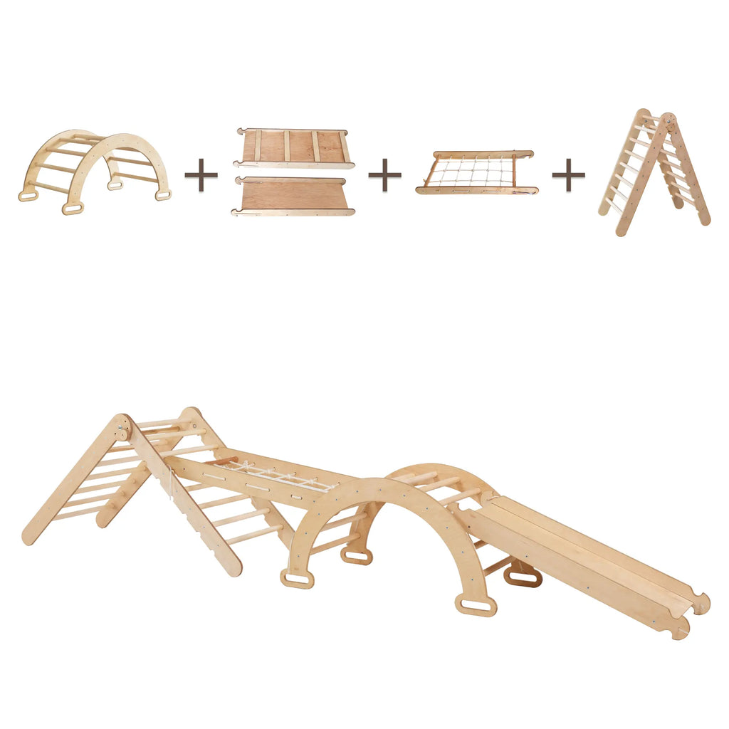 4in1 Montessori Climbing Frame Set: Triangle Ladder + Arch/Rocker + Slide Board/Ramp + Netting rope Goodevas