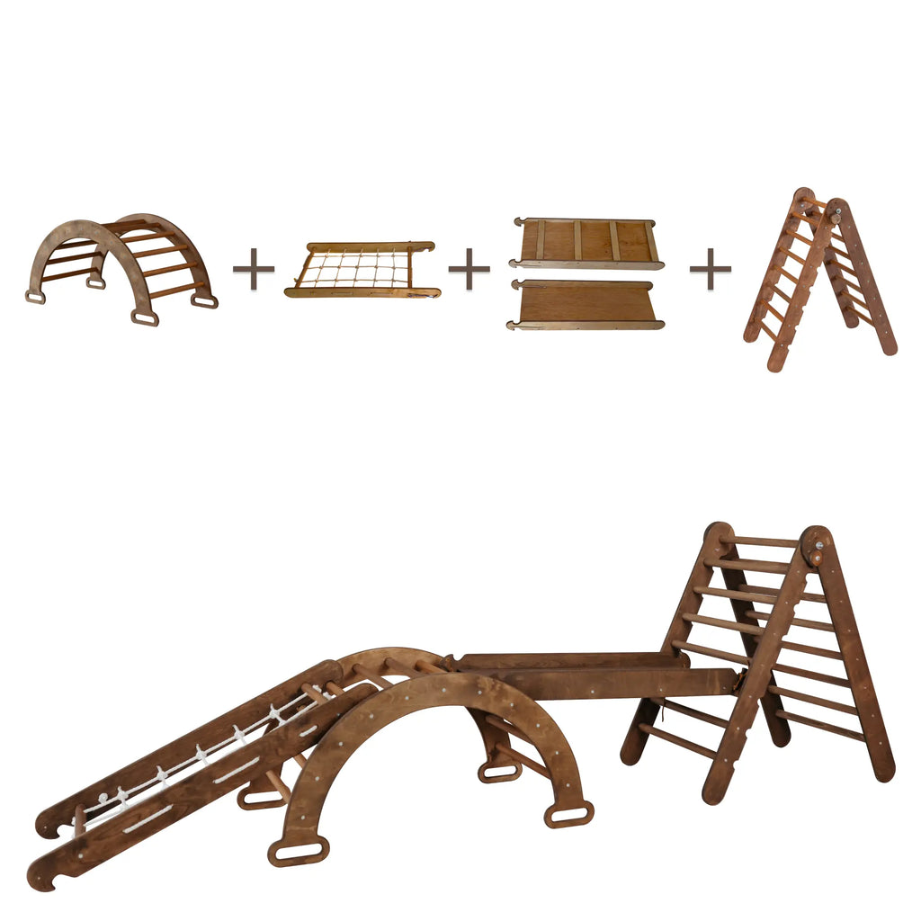 4in1 Montessori Climbing Set: Triangle Ladder + Arch/Rocker + Slide Board/Ramp + Net  Chocolate Goodevas