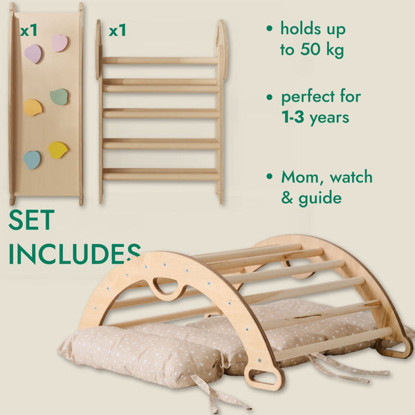 4in1 Montessori Climbing Set: Pikler Triangle, Arch, Slide Board, and Cushion for Toddlers (1–3 Years) - The Baby Penguin
