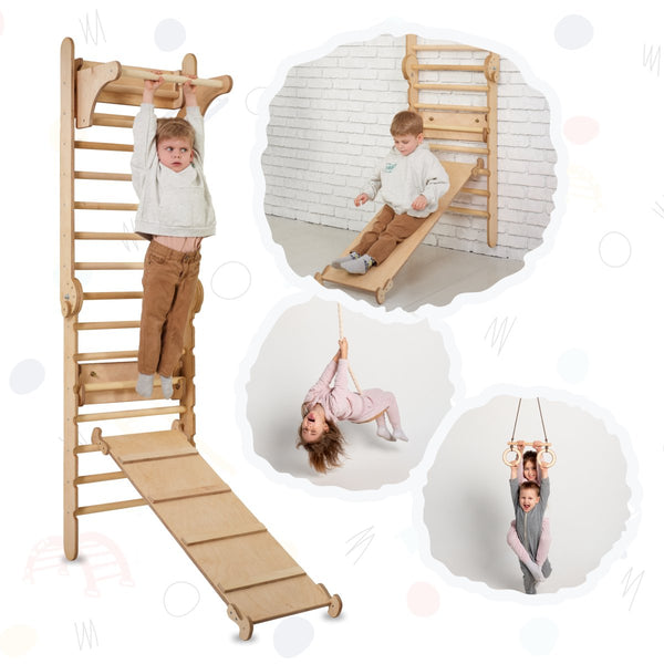 4in1 Climbing Set: Wooden Swedish Wall + Swing Set + Slide Board + Triangle Ladder | Swesdish wall | The Baby Penguin