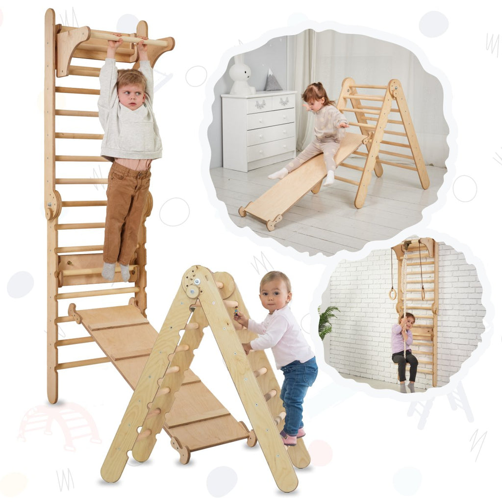 4in1 Climbing Set: Wooden Swedish Wall + Swing Set + Slide Board + Triangle Ladder | Swesdish wall | The Baby Penguin