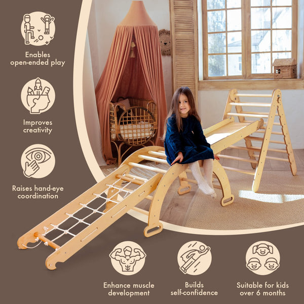 4in1 Montessori Climbing Set: Triangle Ladder + Arch/Rocker + Slide Board/Ramp + Climbing Net – Beige | 4in1 Playsets | The Baby Penguin