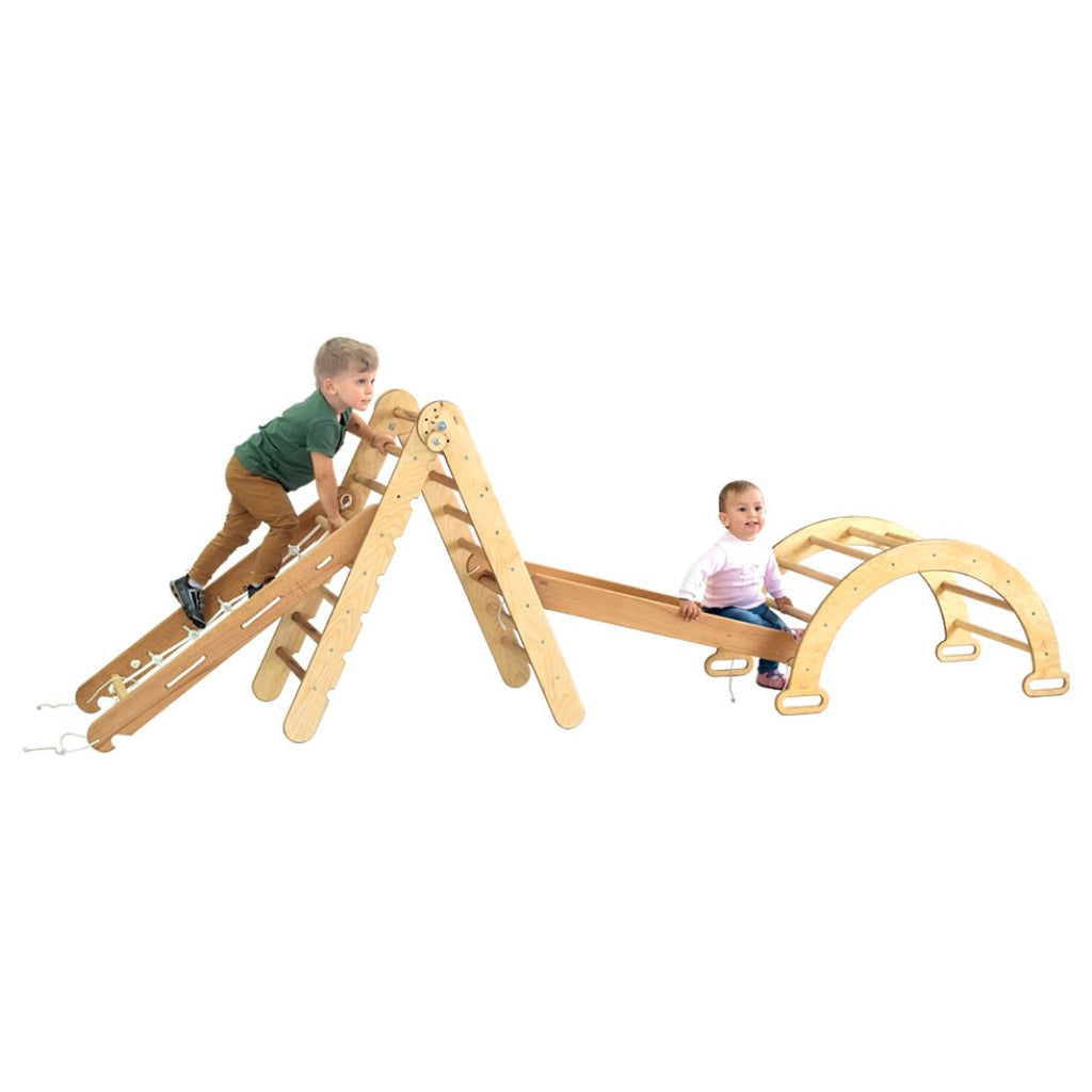 4in1 Montessori Climbing Set: Triangle Ladder + Arch/Rocker + Slide Board/Ramp + Climbing Net – Beige | 4in1 Playsets | The Baby Penguin