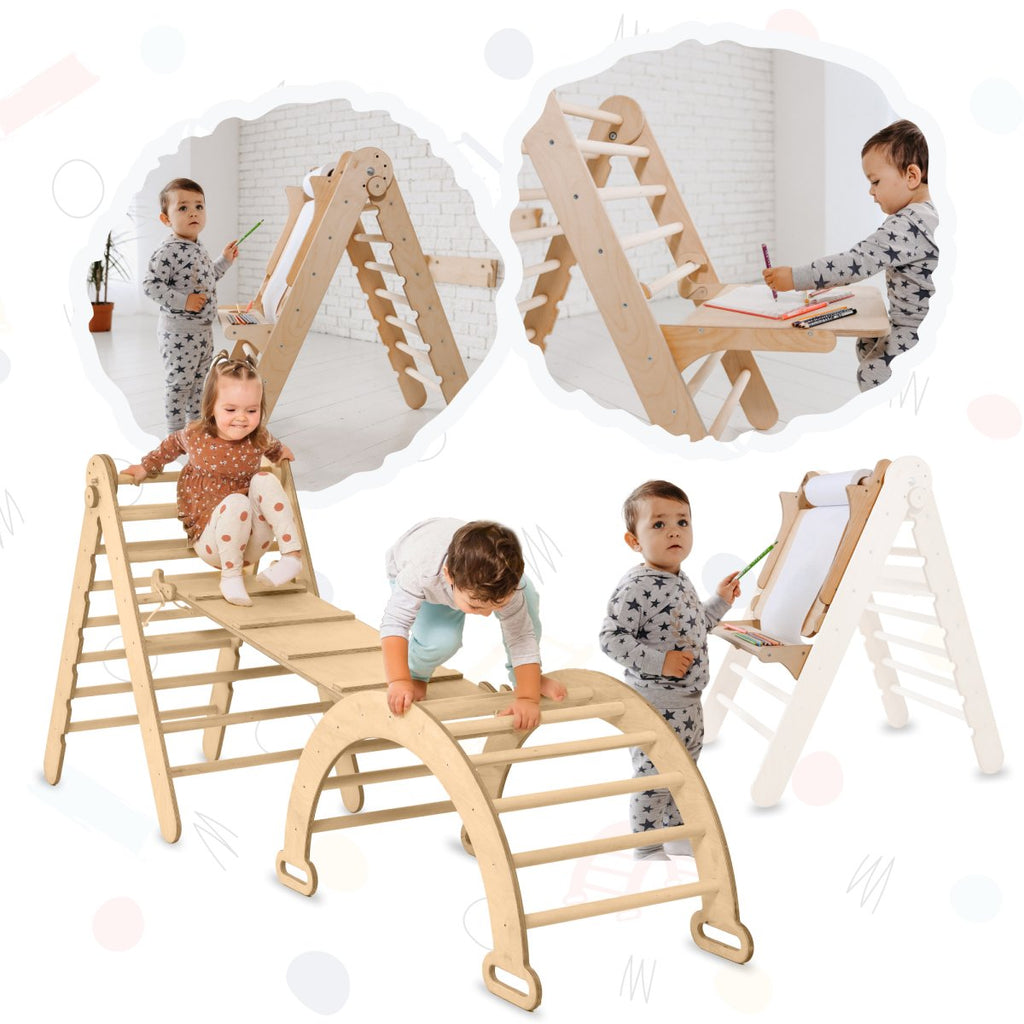4in1 Montessori Climbing Set: Triangle Ladder + Climbing Arch + Slide Board + Art Addition | 3in1 Playsets | The Baby Penguin