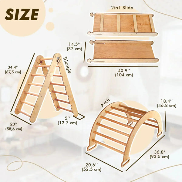 4in1 Montessori Climbing Set: Triangle Ladder + Climbing Arch + Slide Board & Cushion – Beige - The Baby Penguin