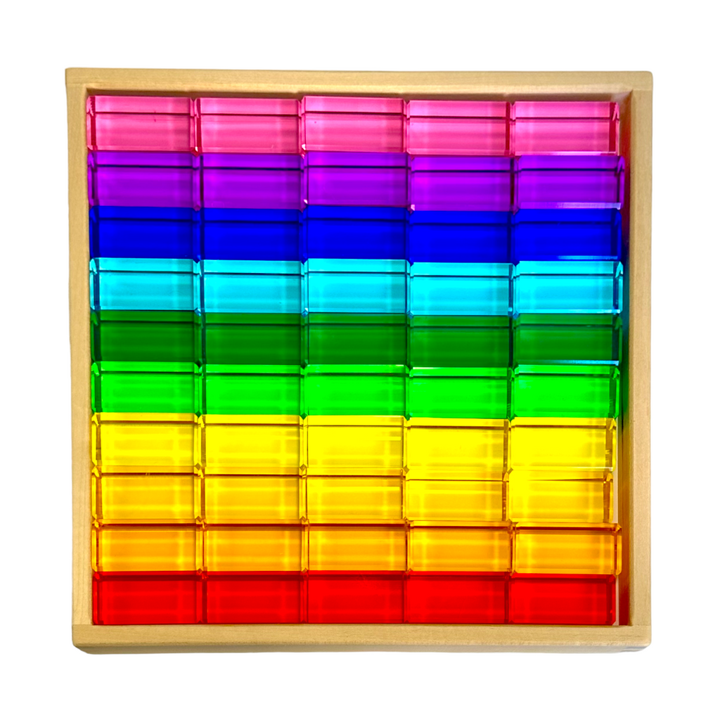 50 Pcs Rainbow Crystal Clear Translucent Rectangular Lucite Building Blocks Set with Storage Tray |  | The Baby Penguin