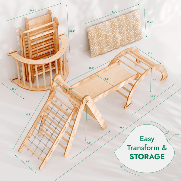 5in1 Montessori Climbing Set: Triangle Ladder + Arch/Rocker + Slide Board/Ramp + Netting rope + Cushion - The Baby Penguin
