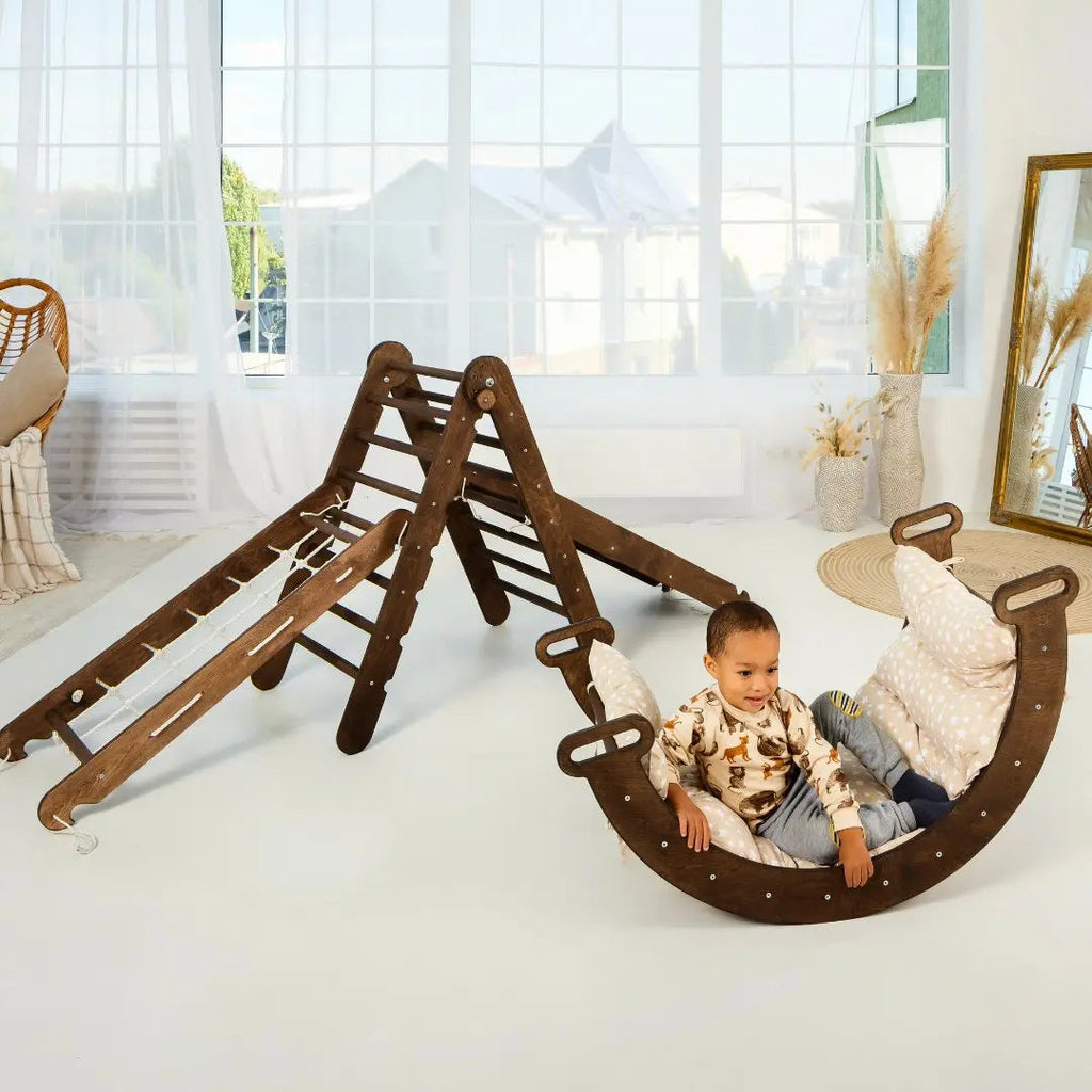 5in1 Montessori Climbing Set: Triangle Ladder, Climbing Arch, Slide, Net & Cushion – Chocolate - The Baby Penguin