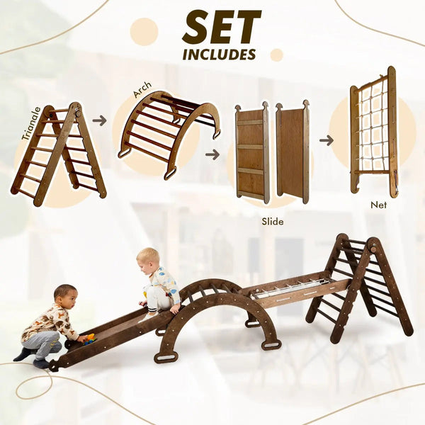 5in1 Montessori Climbing Set: Triangle Ladder, Climbing Arch, Slide, Net & Cushion – Chocolate - The Baby Penguin