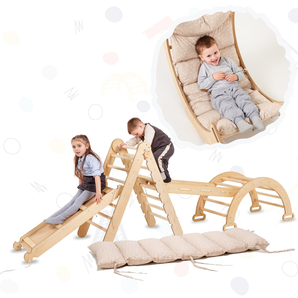 5in1 Montessori Climbing Frame Set: Triangle Ladder + Arch/Rocker + Slide Board/Ramp + Netting rope + Cushion | 5in1 Playsets | The Baby Penguin
