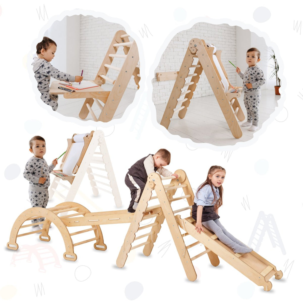 5in1 Montessori Climbing Set: Triangle Ladder + Climbing Arch + Slide Board + Climbing Net + Art Addition | 6in1 Playsets | The Baby Penguin