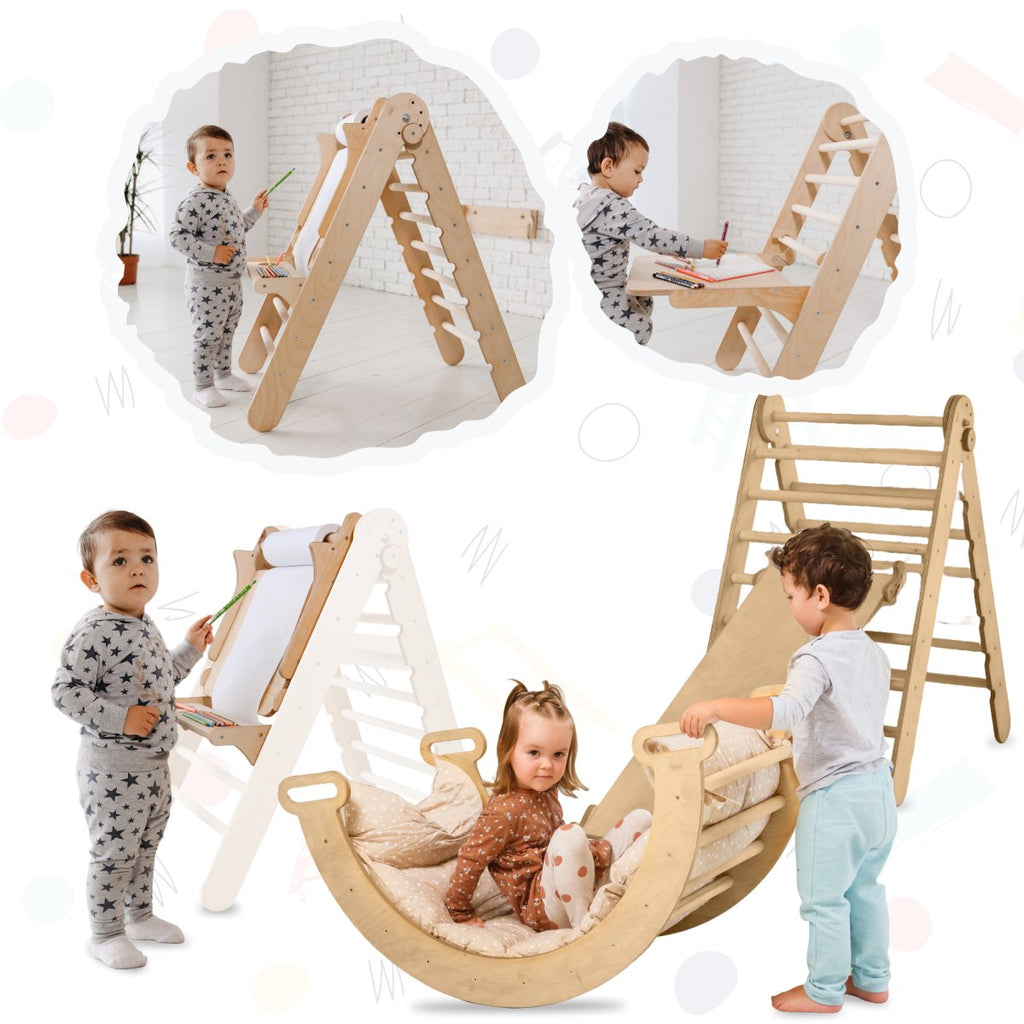 5in1 Montessori Climbing Set: Triangle Ladder + Climbing Arch + Slide Board + Cushion + Art Addition | 6in1 Playsets | The Baby Penguin