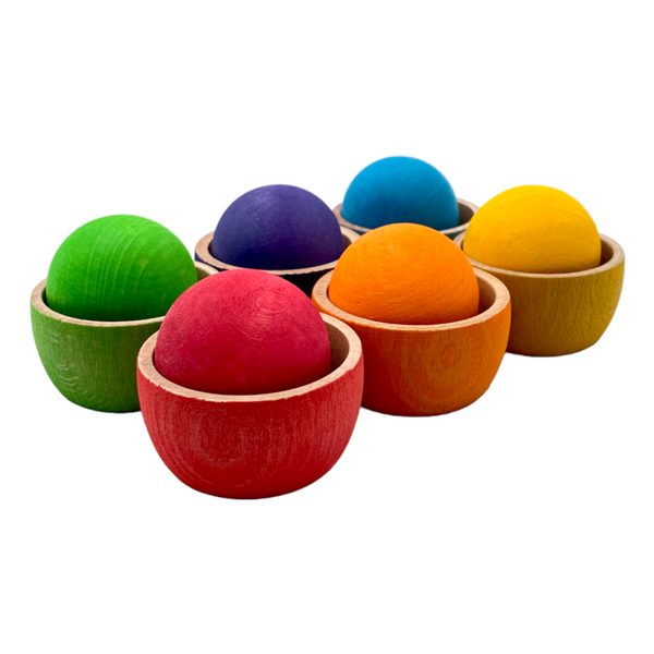 6 Stained Rainbow Wooden Bowls & Balls Set For Matching and Sorting |  | The Baby Penguin
