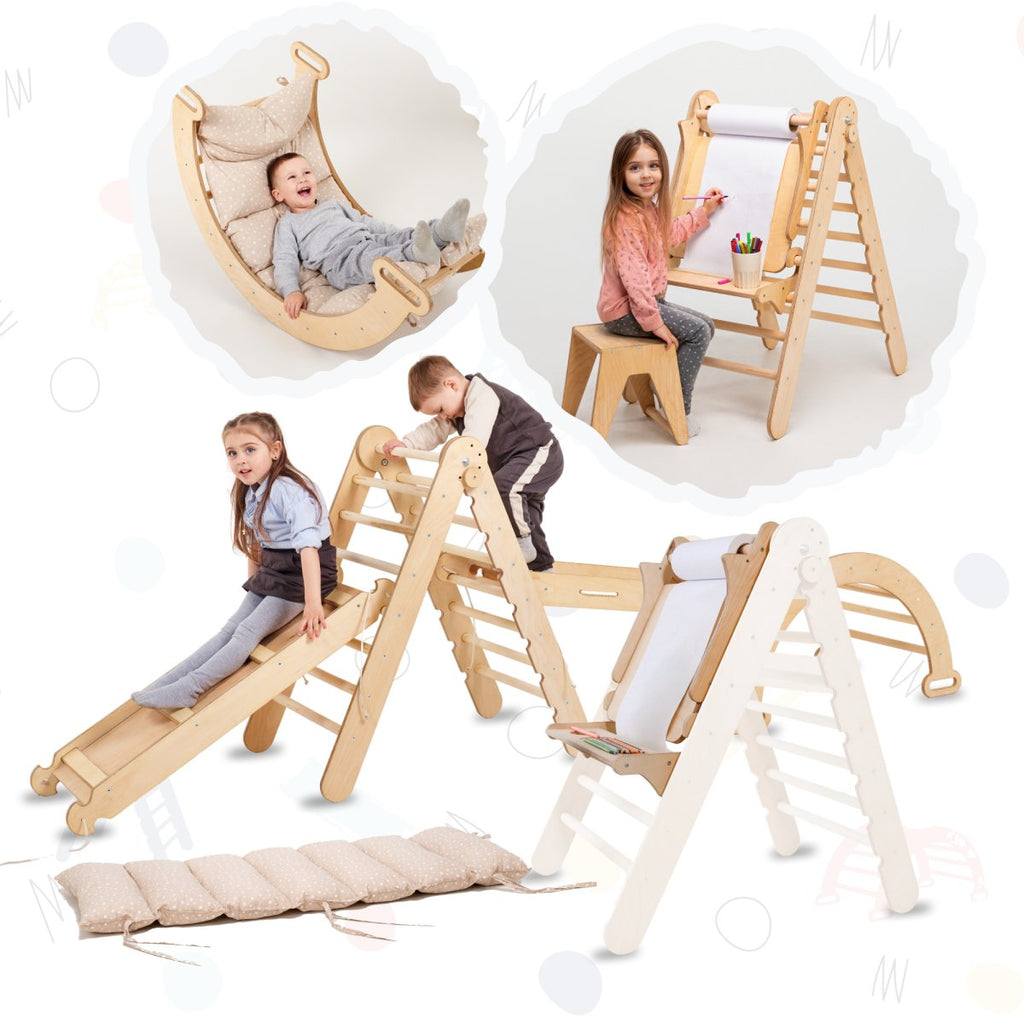 6in1 Montessori Climbing Frame Set: Triangle Ladder + Arch/Rocker + Slide/Ramp + Net + Cushion + Art Addition | 6in1 Playsets | The Baby Penguin