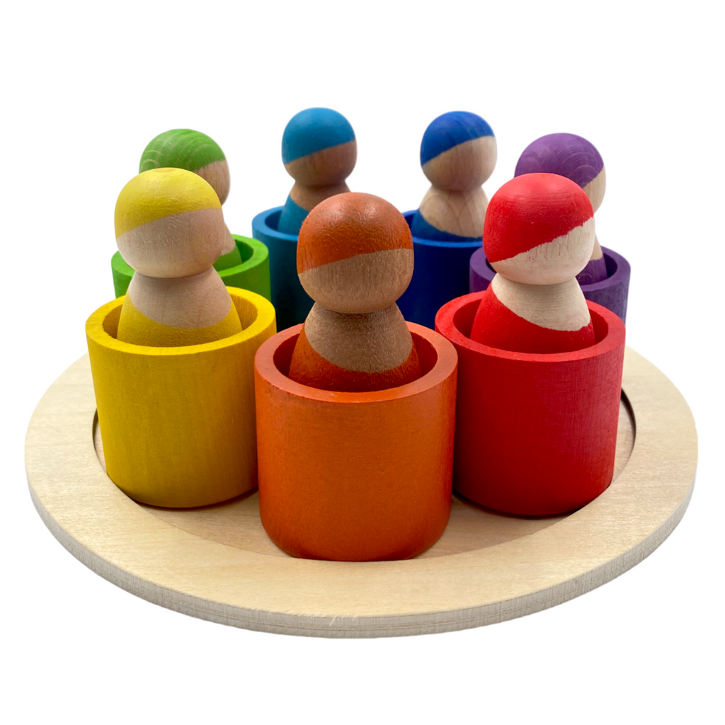 7 Different Skin Stones Stained Rainbow Wooden Peg Dolls in Bowls |  | The Baby Penguin
