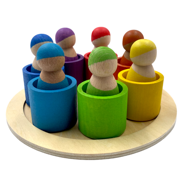 7 Different Skin Stones Stained Rainbow Wooden Peg Dolls in Bowls |  | The Baby Penguin
