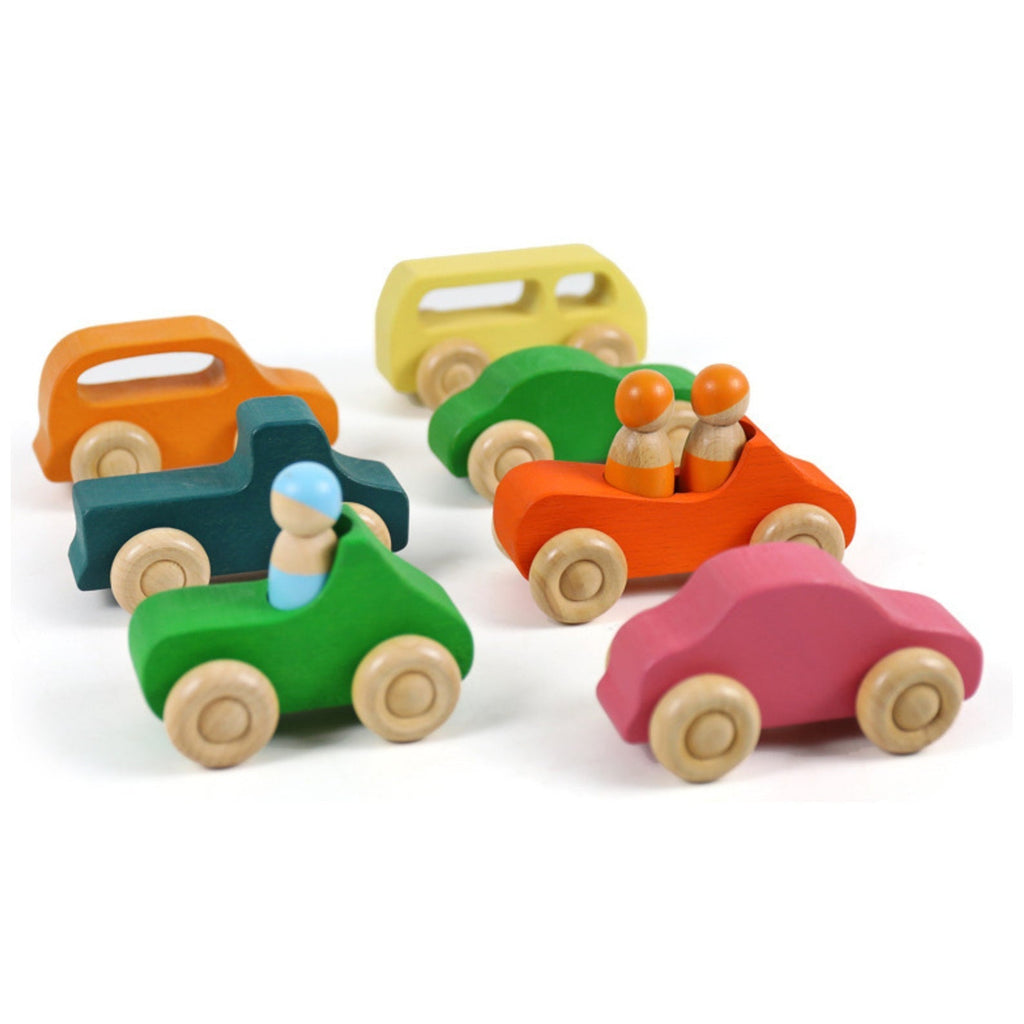 7 Pcs Colored Wooden Rainbow Cars Set with 3 pcs Peg Dolls | toys | The Baby Penguin